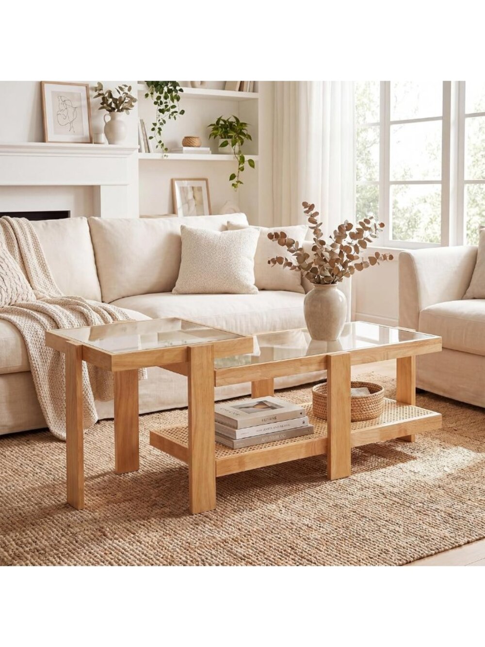 Boho Rattan Nesting Coffee Table Set of 2, Modern Glass Top Accent Tables